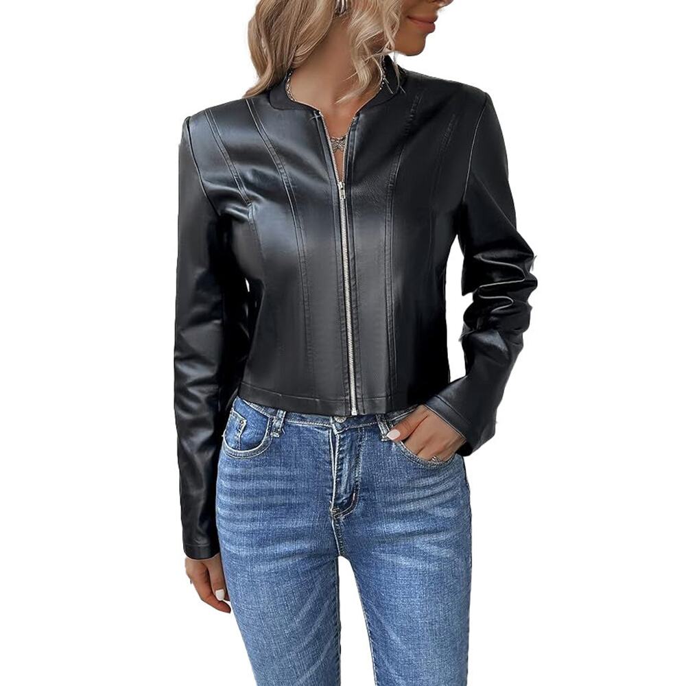 Patrizia Luca Women's Black Faux Leather Zip Up Cropped Moto Jacket Size XS NWT - Picture 3 of 3